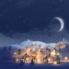 Grafika Zimowo-świąteczna grafika. Górska wioska nocą przykryta śniegiem.